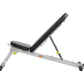 Hoist Folding Multi-Bench with gray steel frame, black padded seat and backrest, yellow safety indicators, and wheeled base o