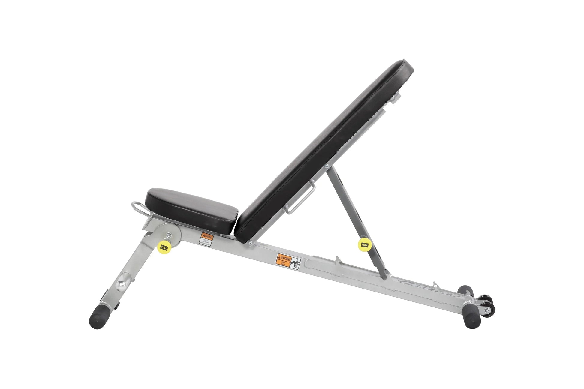 Hoist Folding Multi-Bench with gray steel frame, black padded seat and backrest, yellow safety indicators, and wheeled base o