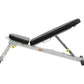 Hoist Folding Multi-Bench with gray metal frame, black padded seat and backrest, adjustable incline, and wheeled base on whit