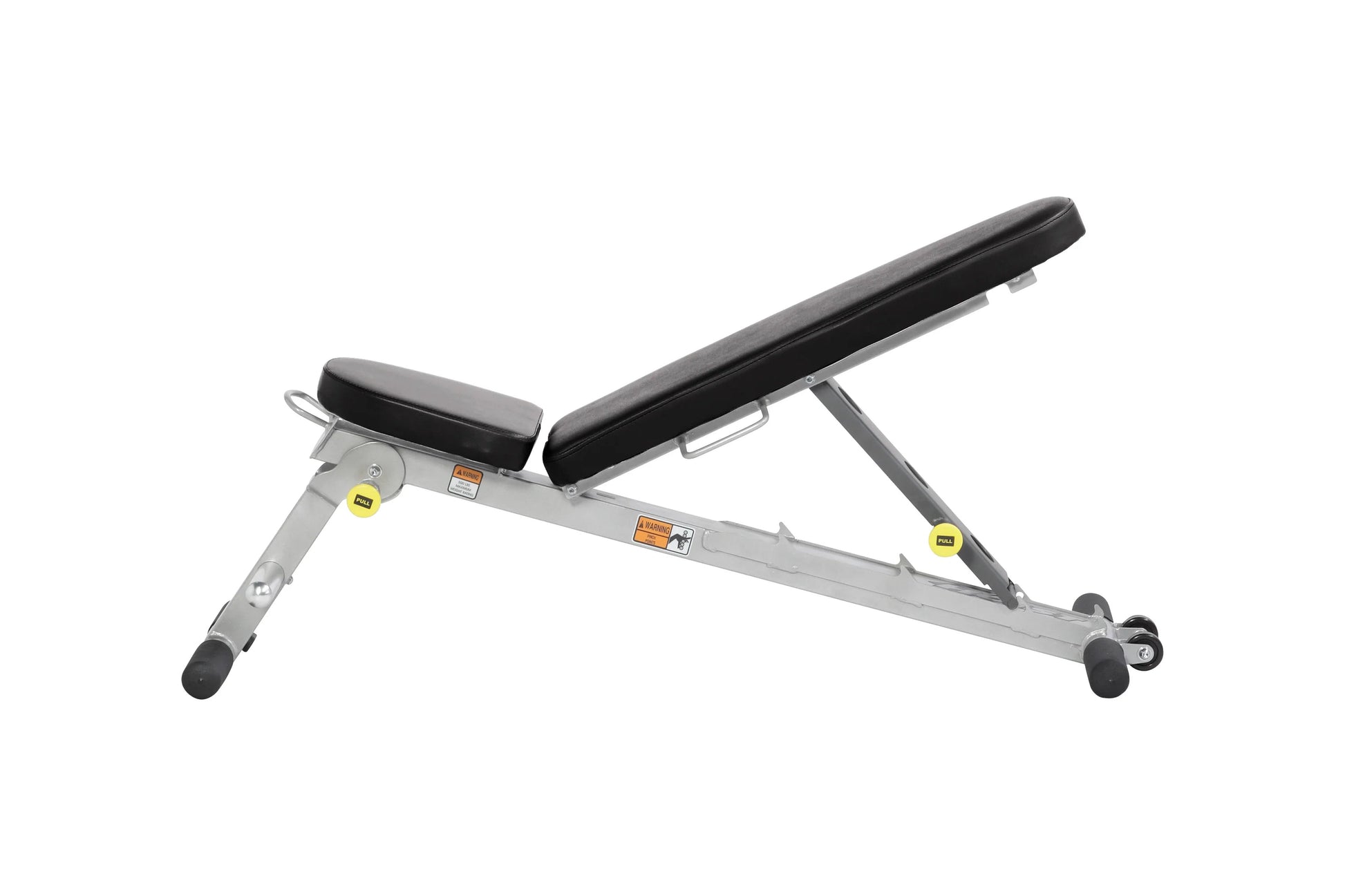 Hoist Folding Multi-Bench with gray metal frame, black padded seat and backrest, adjustable incline, and wheeled base on whit