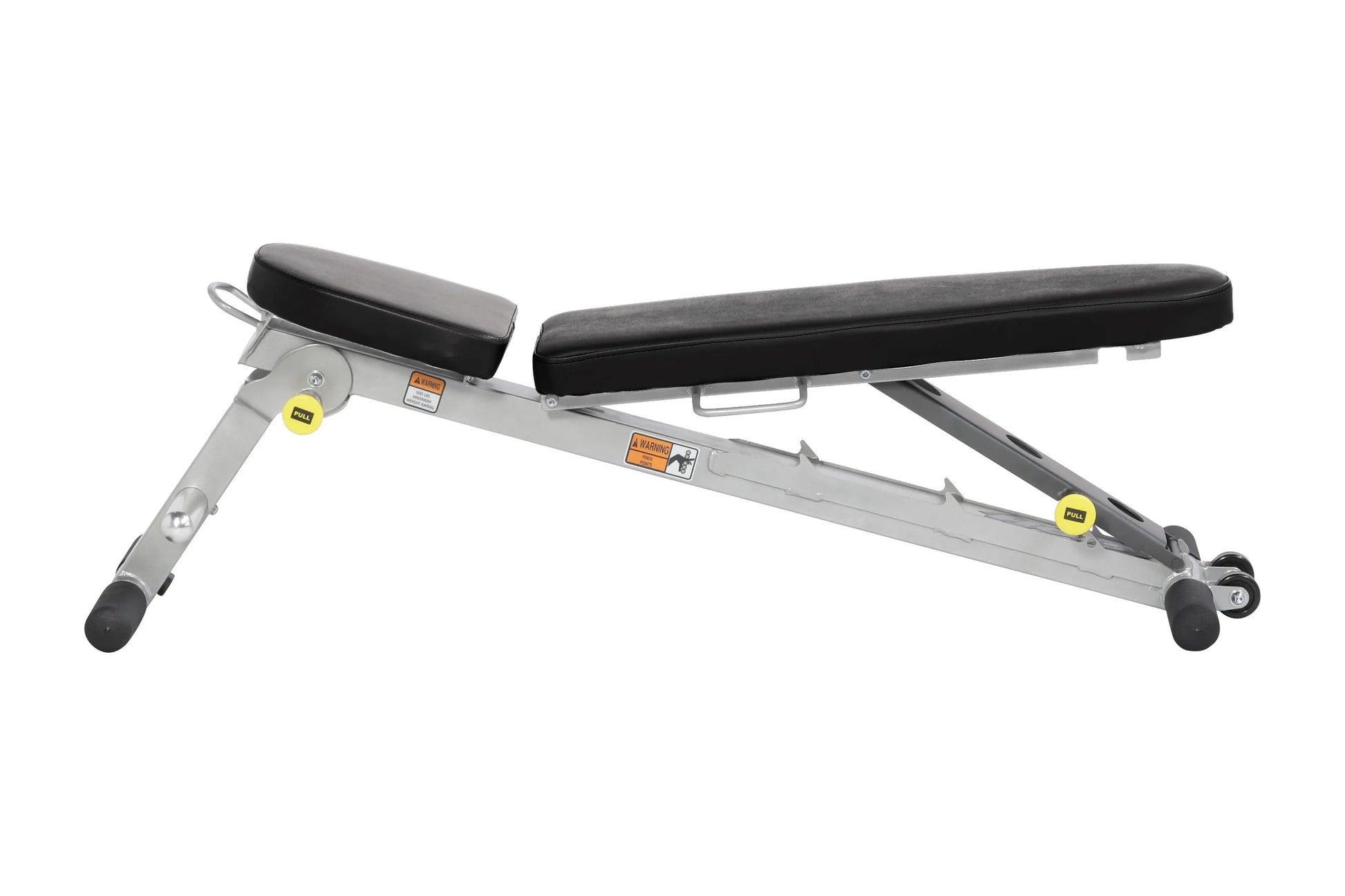 Hoist Folding Multi-Bench with gray steel frame, black padded seat and backrest, adjustable angle, and wheels on white backgr