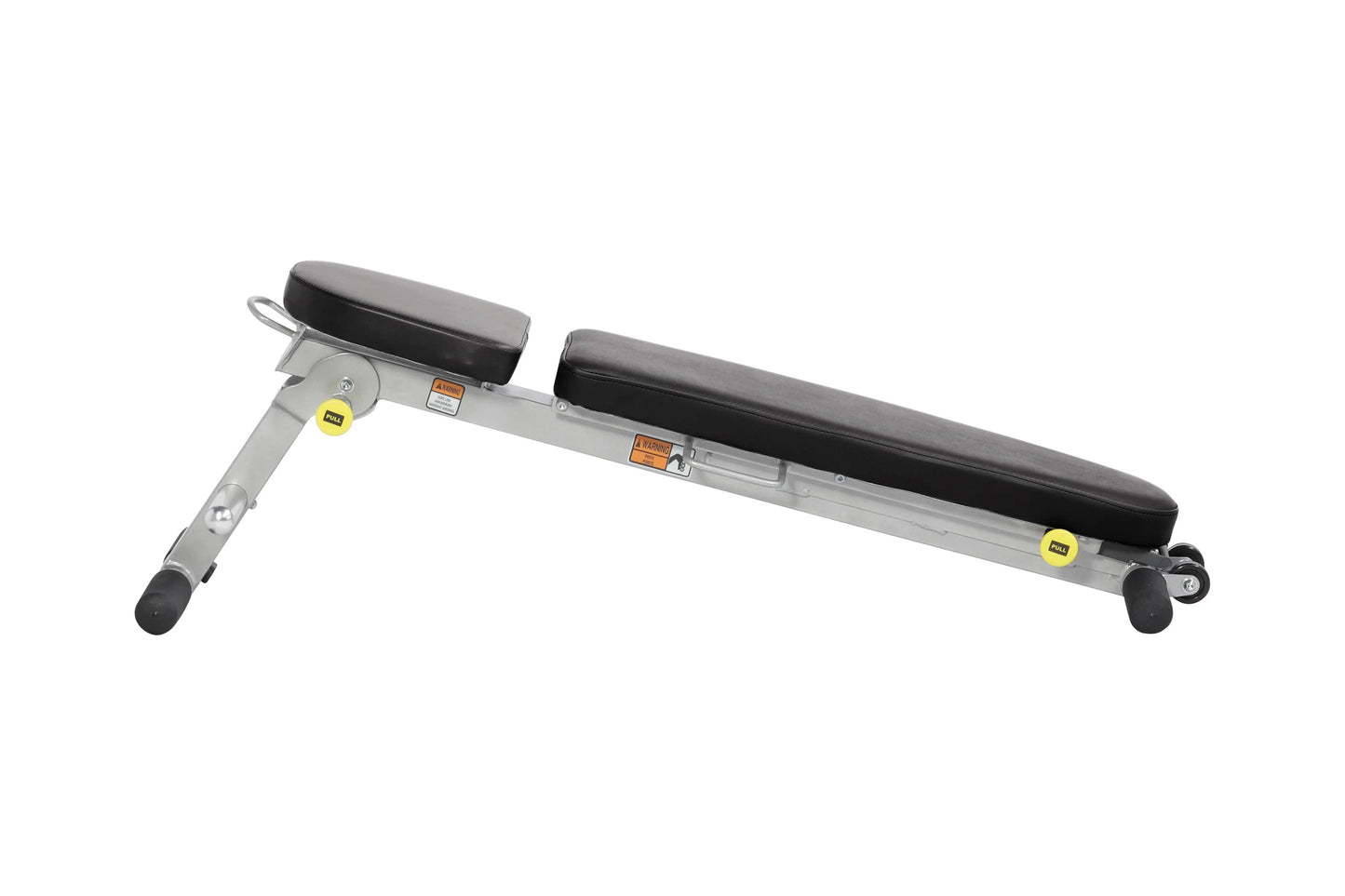 Hoist Folding Multi-Bench with gray metal frame, black padded seats, yellow safety labels, and rolling wheels on white backgr