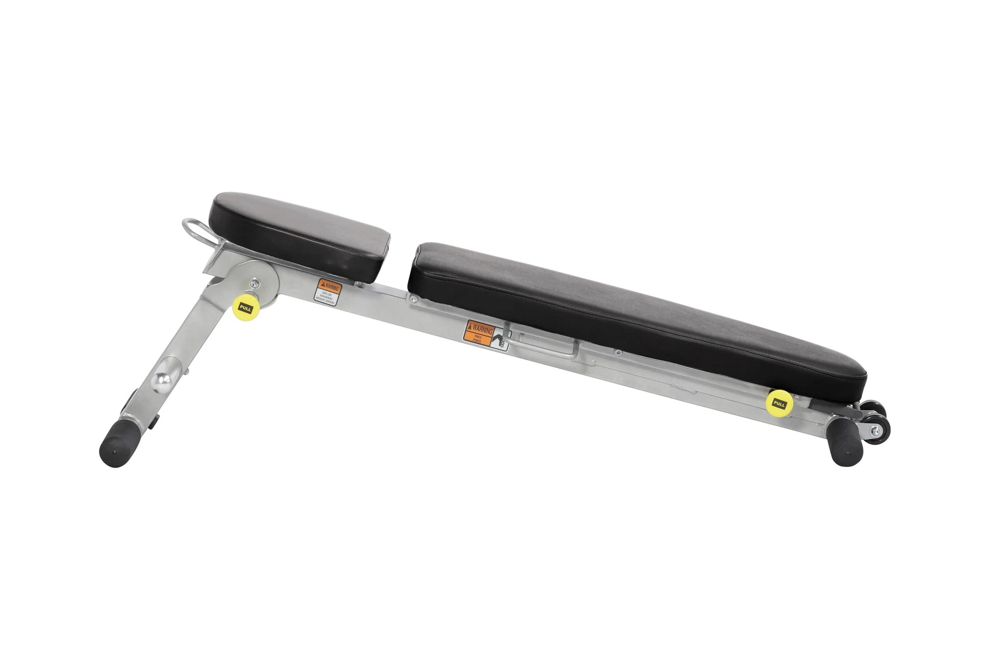 Hoist Folding Multi-Bench with gray metal frame, black padded seats, yellow safety labels, and rolling wheels on white backgr
