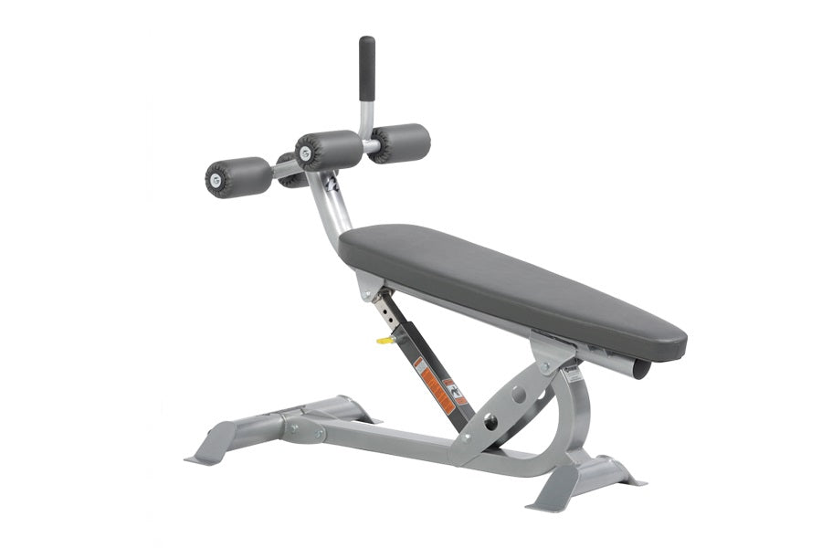 Hoist adjustable ab bench with gray padded seat, silver metal frame, and black handles on white background