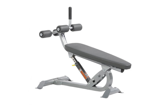 Hoist adjustable ab bench with gray padded seat, silver metal frame, and black handles on white background