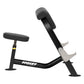 Black and gray Hoist Preacher Curl weight bench with padded seat and arm rest on white background