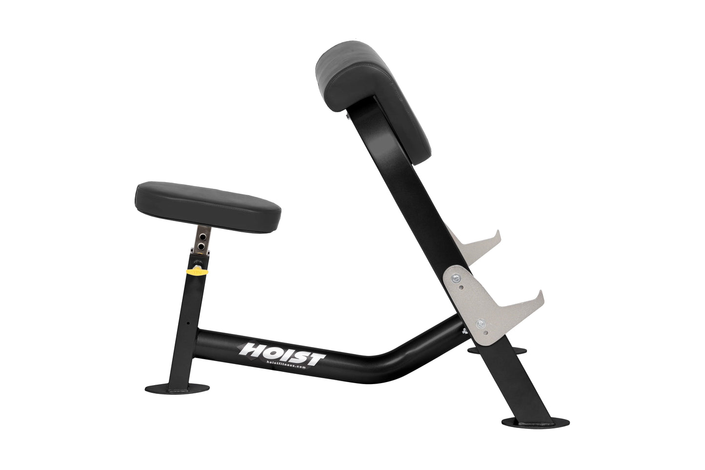 Black and gray Hoist Preacher Curl weight bench with padded seat and arm rest on white background