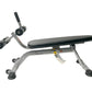 Hoist adjustable ab bench with gray frame, black padded seat, adjustable leg extension, and resistance wheels on white backgr