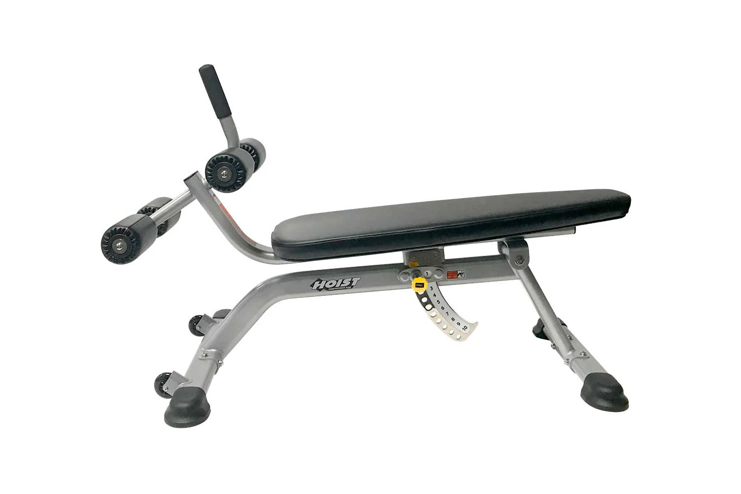 Hoist adjustable ab bench with gray frame, black padded seat, adjustable leg extension, and resistance wheels on white backgr