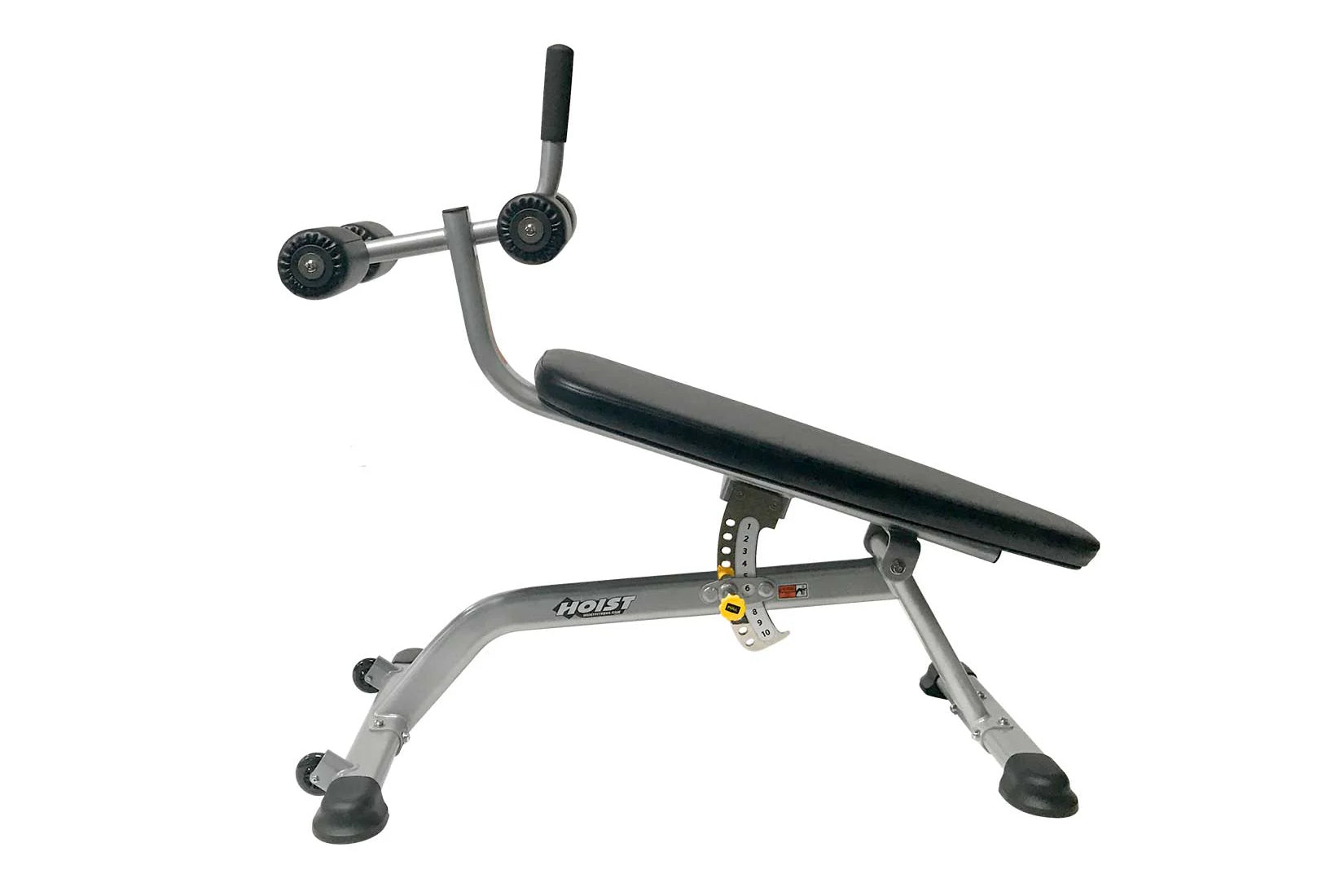 Hoist adjustable ab bench with gray steel frame, black padded seat, dual rotating handles, and rubber feet on white backgroun