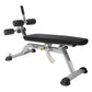 Hoist Adjustable Ab Bench with silver frame, black padded seat, leg extension, and roller handles on white background