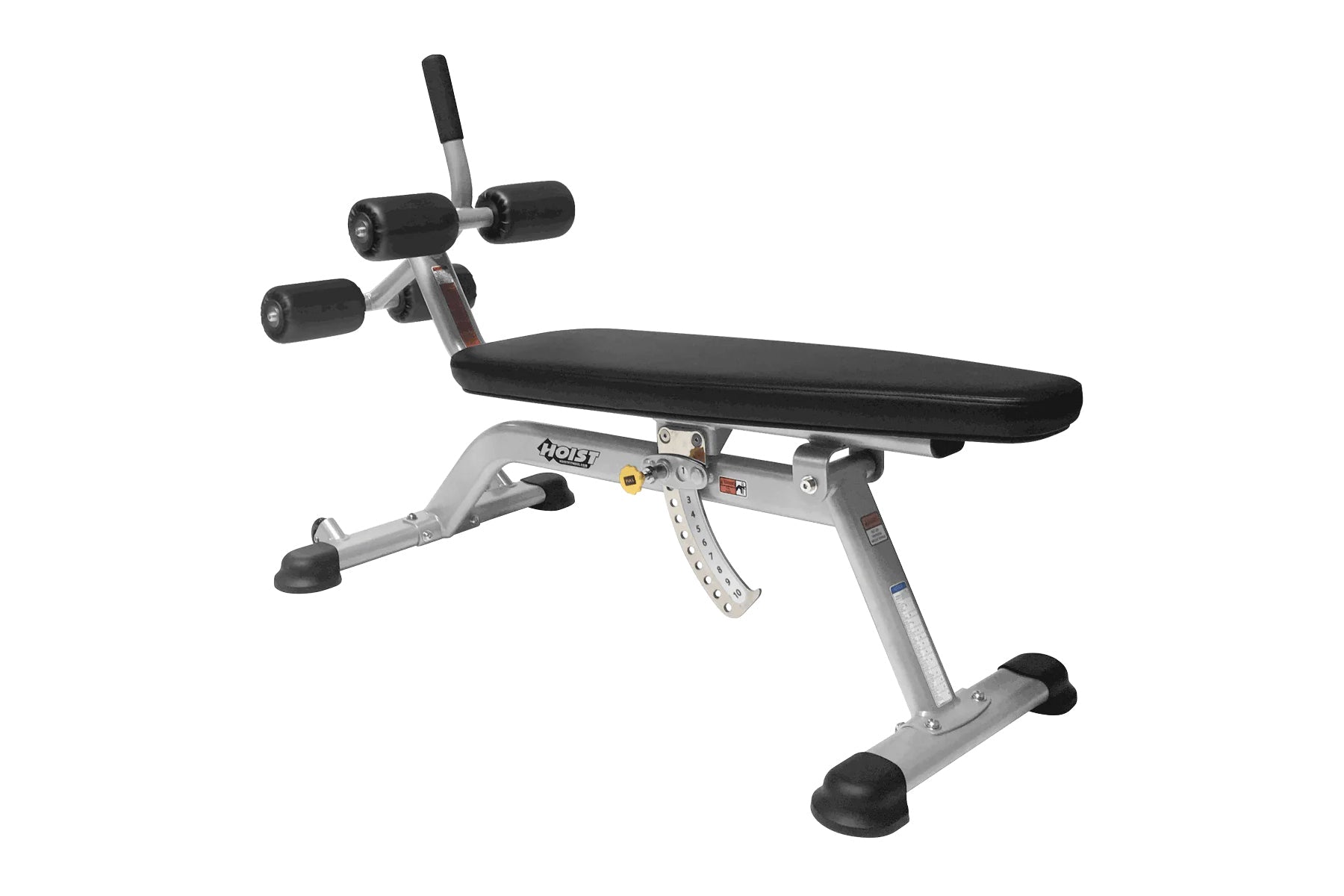 Hoist Adjustable Ab Bench with silver frame, black padded seat, leg extension, and roller handles on white background