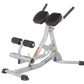 Silver and black Hoist abdominal and back exercise bench with padded backrest, leg extension footplates, and handle bars on w