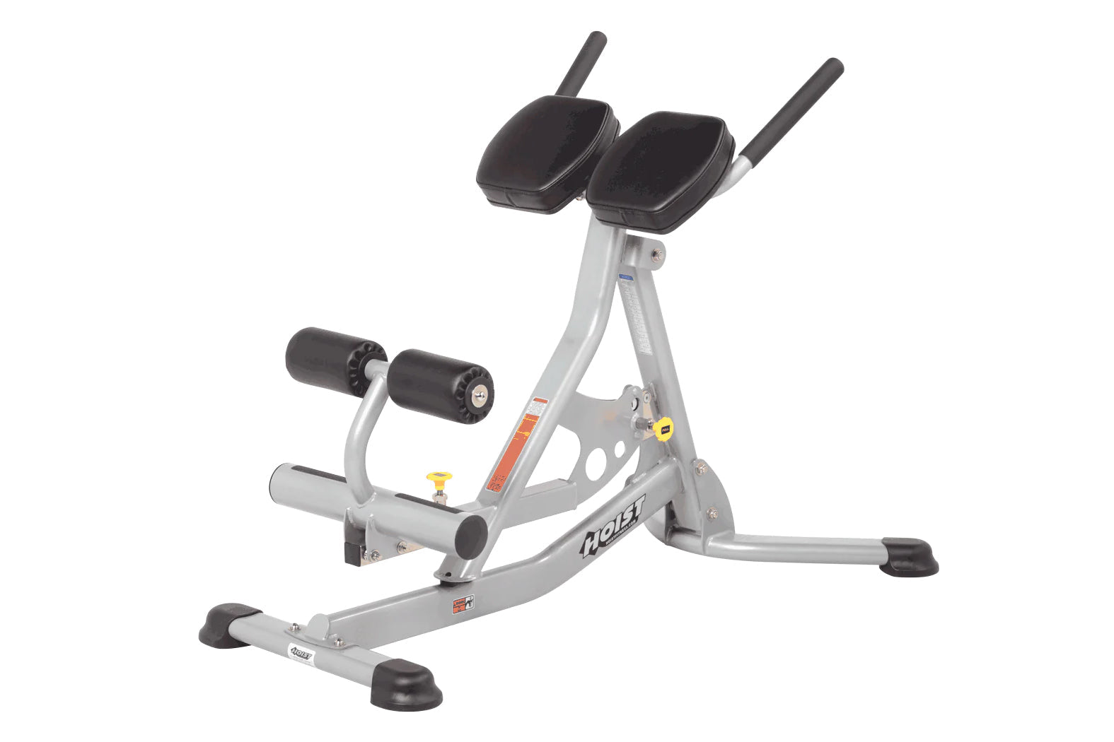 Silver and black Hoist abdominal and back exercise bench with padded backrest, leg extension footplates, and handle bars on w