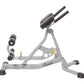 Hoist gray and black adjustable abdominal and back hyperextension bench with dual weight stacks and foot platform on white ba