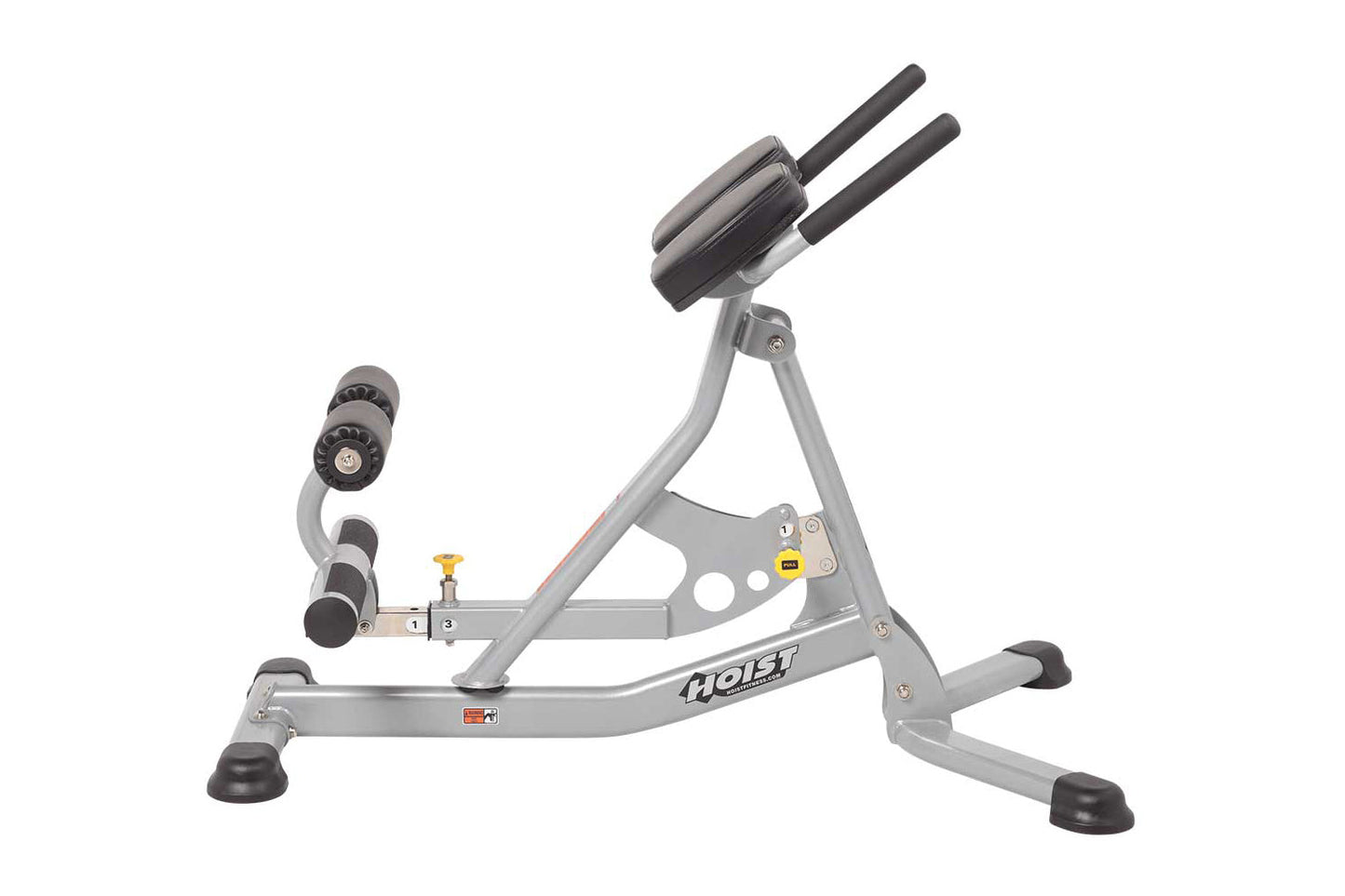 Hoist gray and black adjustable abdominal and back hyperextension bench with dual weight stacks and foot platform on white ba