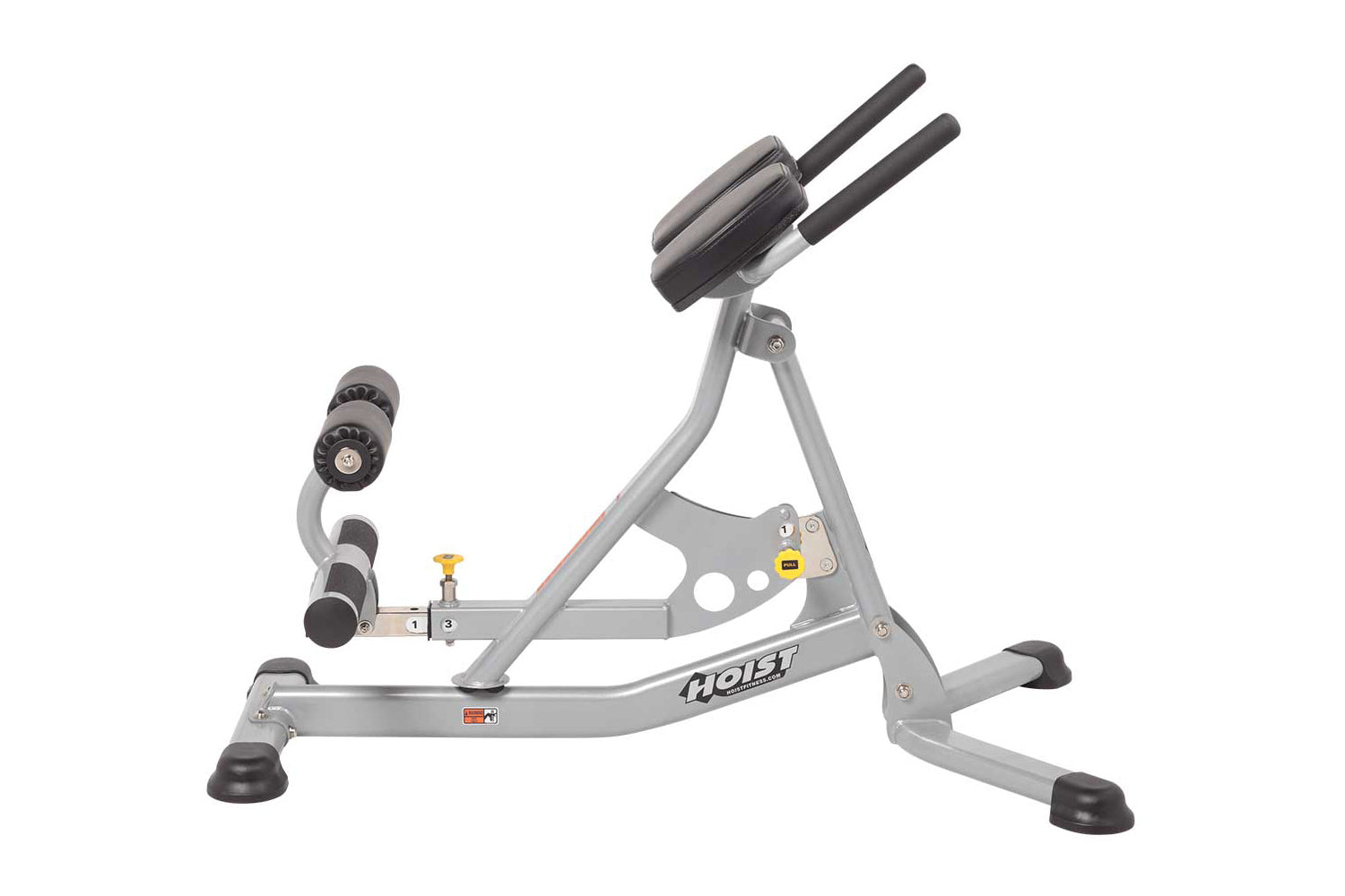 Hoist gray and black adjustable abdominal and back hyperextension bench with dual weight stacks and foot platform on white ba
