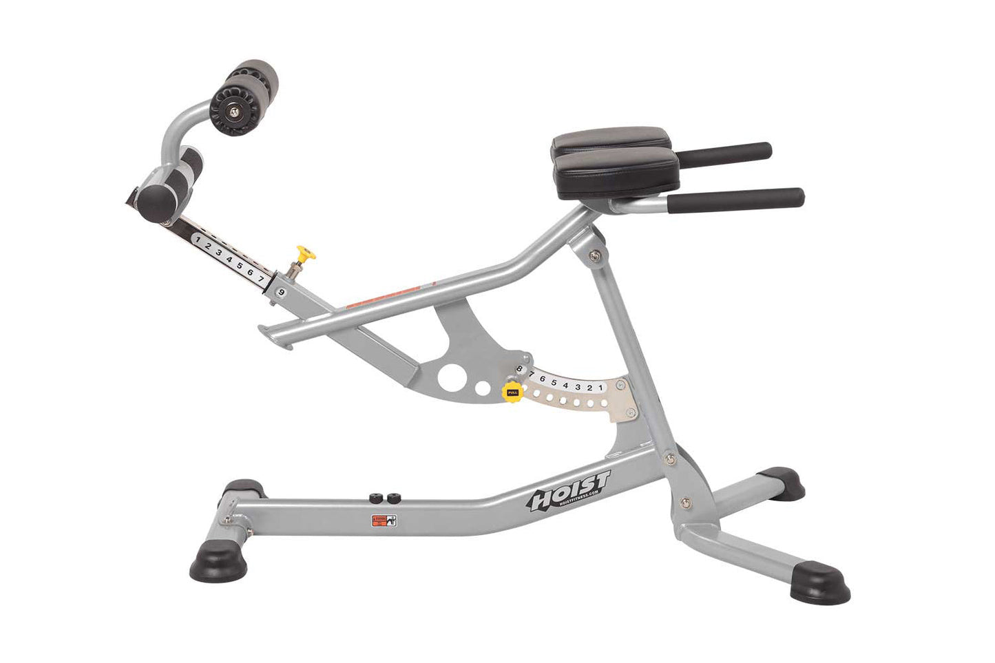 Hoist silver and black abdominal and back exercise machine with adjustable seat, arm curl attachment, and resistance dial on 