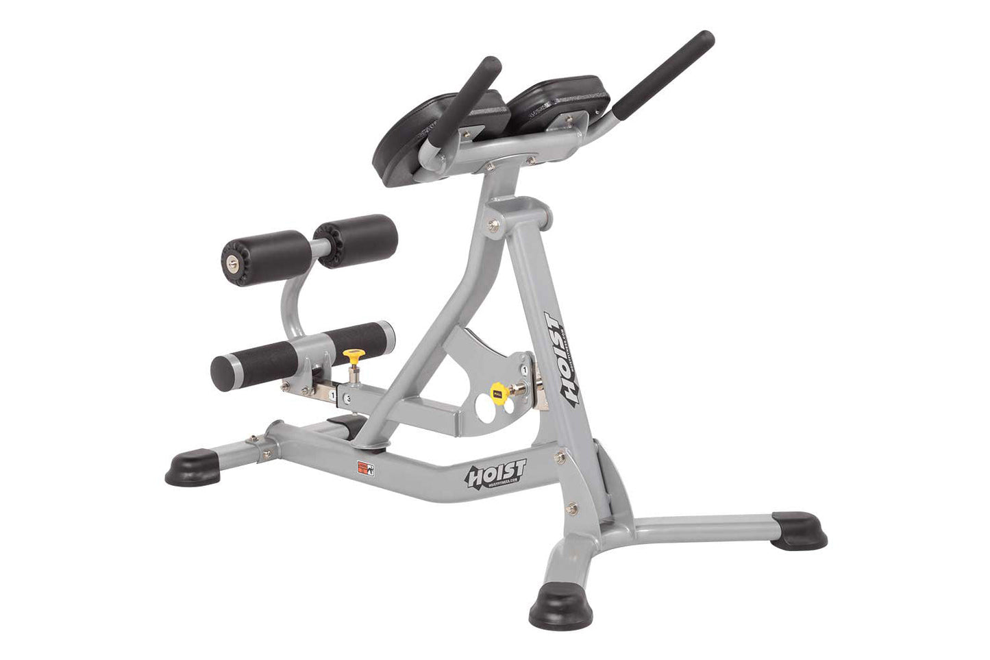 Hoist AB/Back Roman Hyper Bench with gray metal frame, black padded seat and backrest, dual black handles, and black foot pad