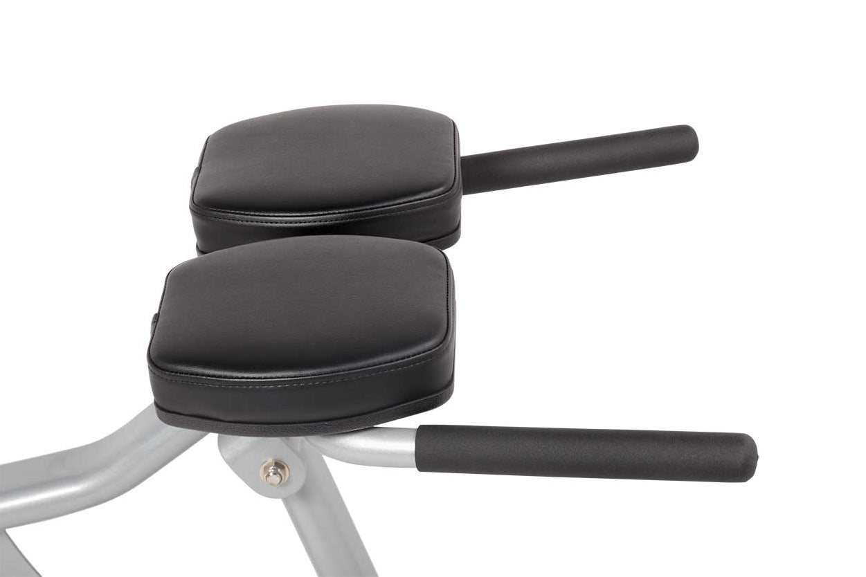 Hoist AB/Back Roman Hyper Bench with black padded cushions and gray metal frame on white background