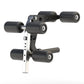 Black and white leg extension and leg curl attachment with multiple black rollers and white trim on adjustable frame