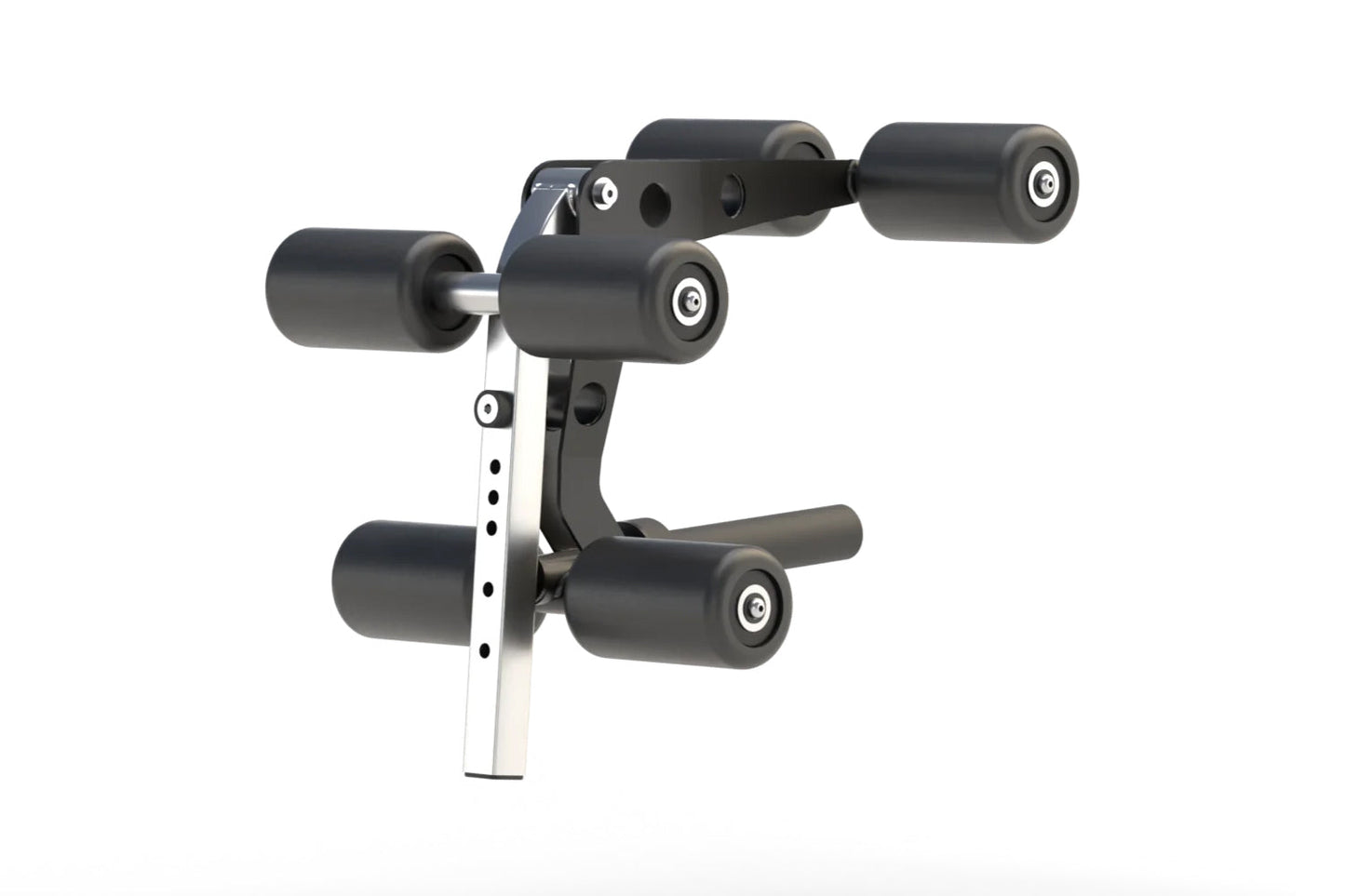 Black and white leg extension and leg curl attachment with multiple black rollers and white trim on adjustable frame