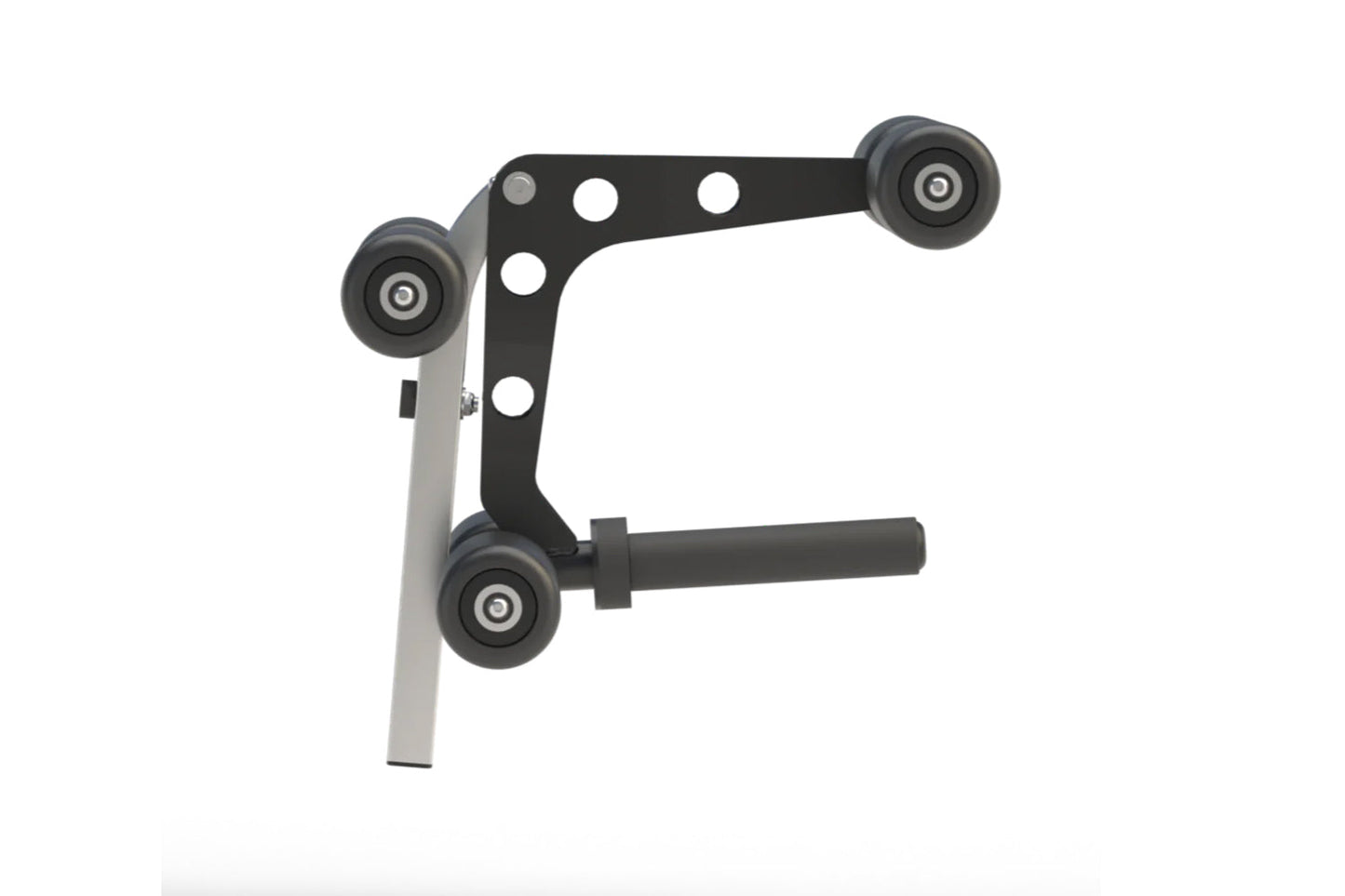 Hoist leg extension and curl attachment with black metal frame, white mounting holes, and three dark gray pulleys on white ba