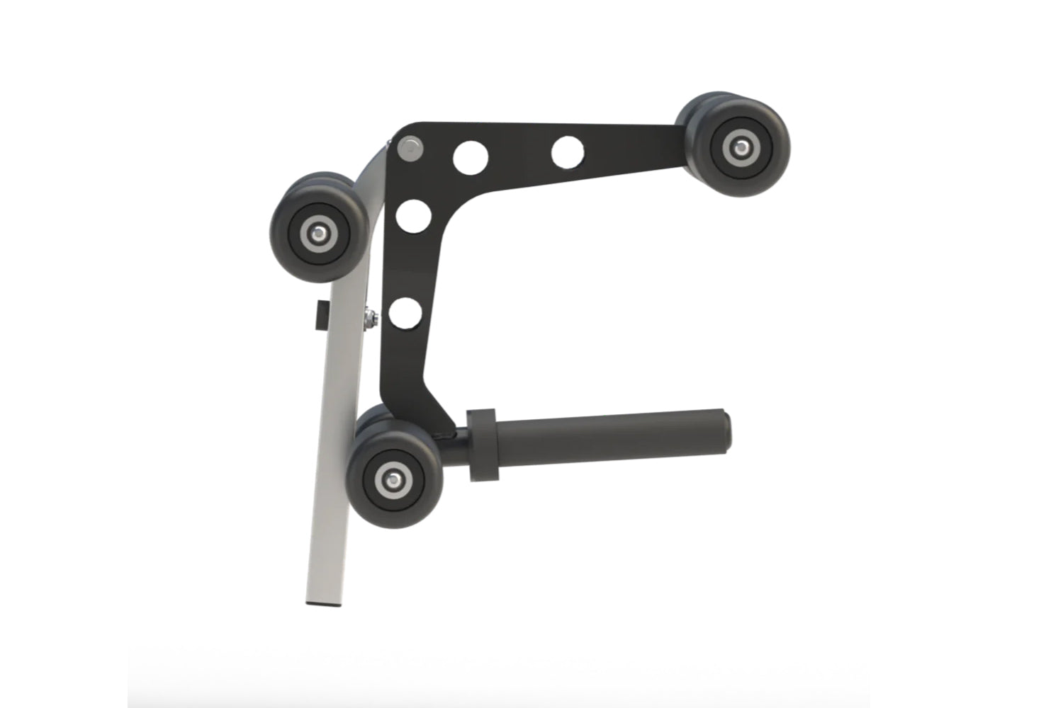 Hoist leg extension and curl attachment with black metal frame, white mounting holes, and three dark gray pulleys on white ba