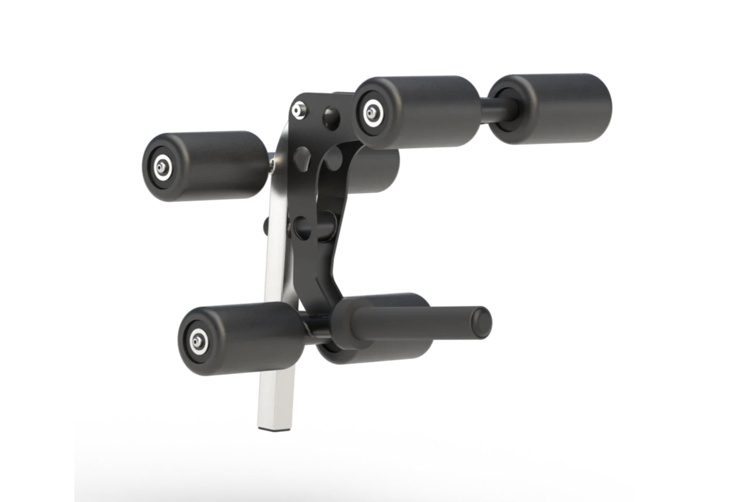 Black and gray leg extension and leg curl attachment with cylindrical rollers and white mounting post, on white background