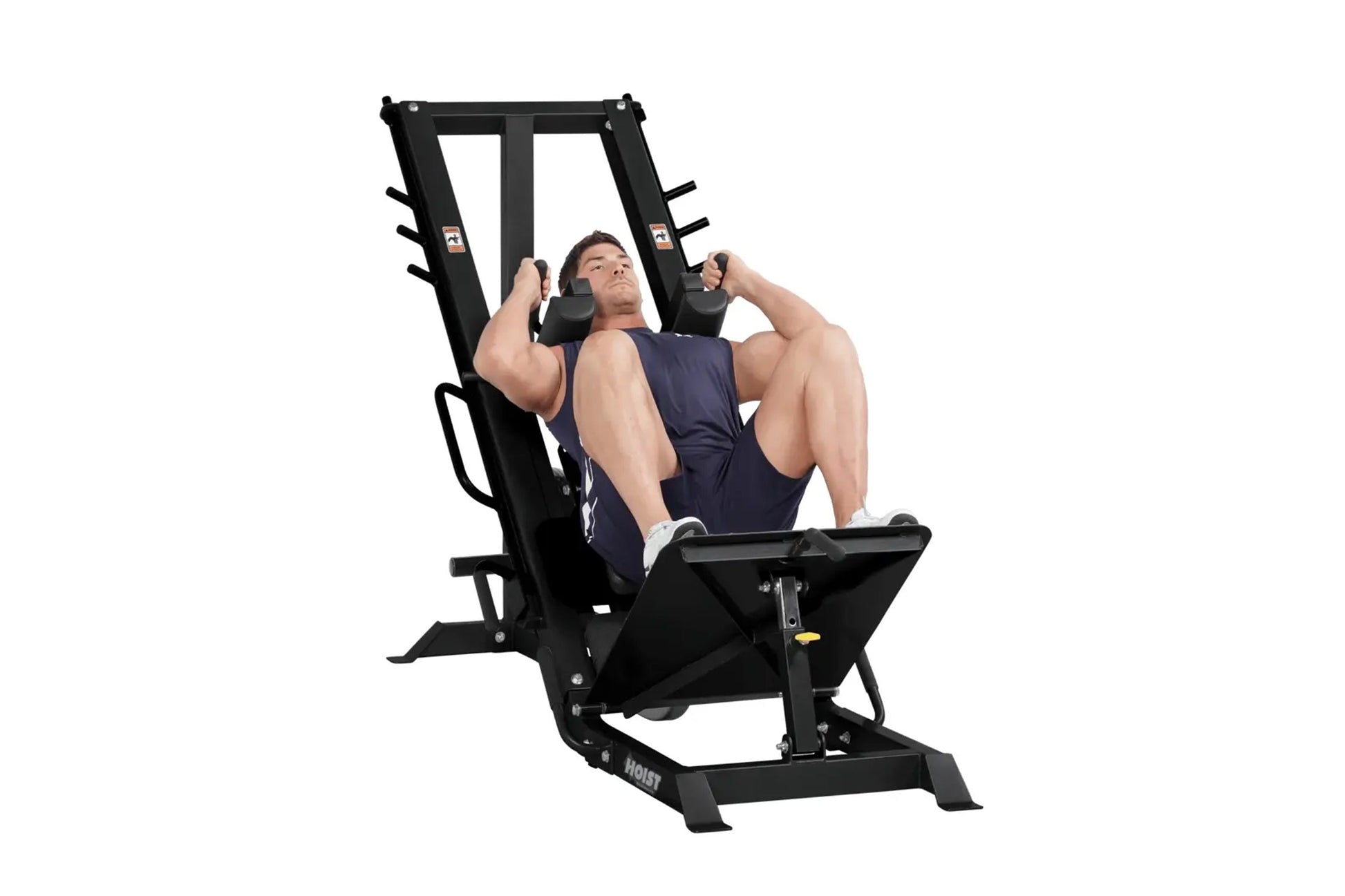Black leg press and hack squat machine with male model demonstrating exercise position, adjustable footplate and handles on w