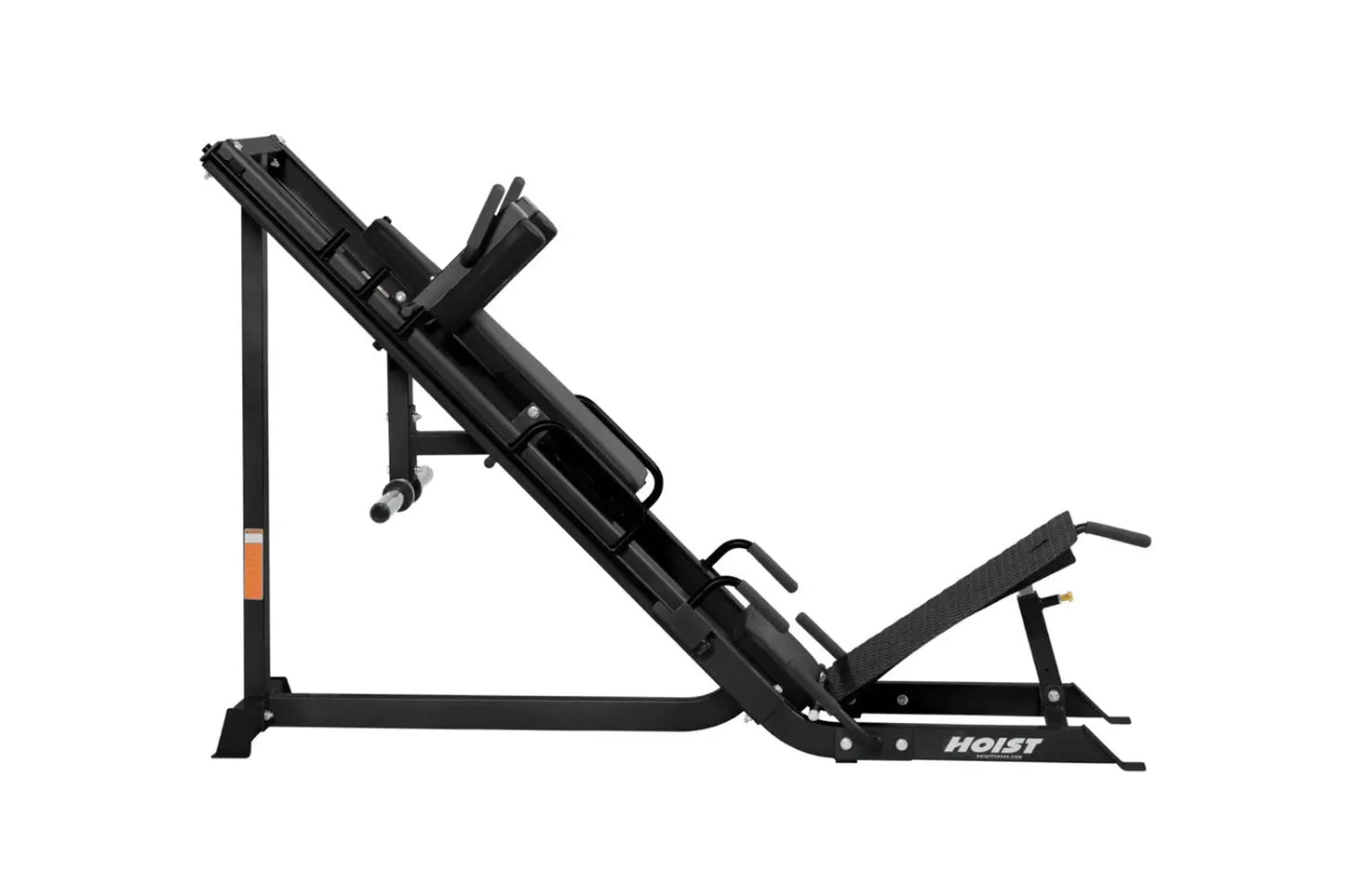 Black Hoist leg press and hack squat combo machine with adjustable seat and orange safety indicator on white background