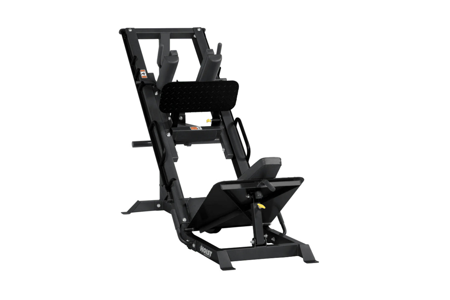 Black Hoist leg press and hack squat combo machine with adjustable seat and footplate on white background