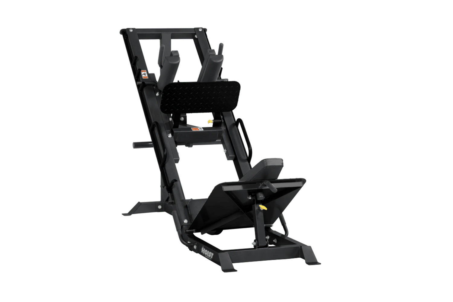 Black Hoist leg press and hack squat combo machine with adjustable seat and footplate on white background