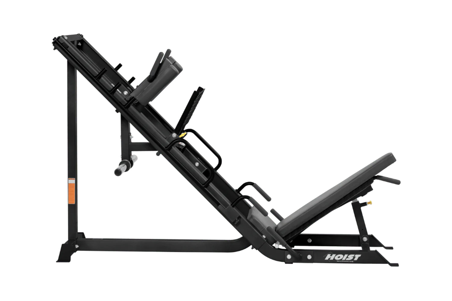 Black Hoist leg press and hack squat combo machine with adjustable seat and foot platform on white background