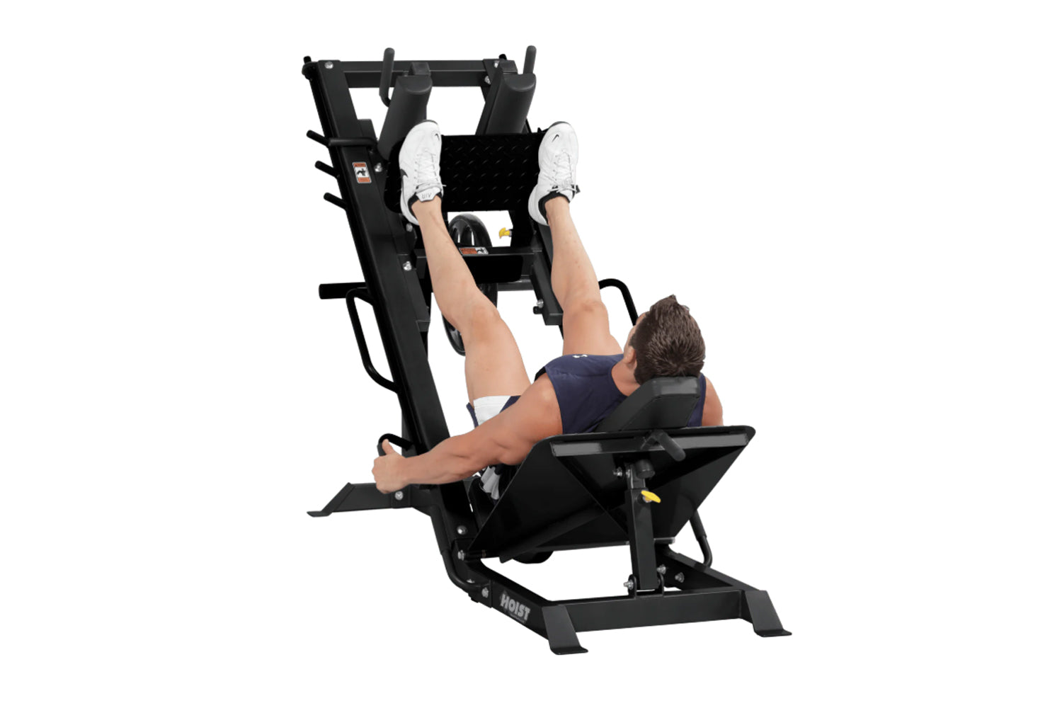 Black Hoist leg press and hack squat combo machine with user demonstrating exercise position on white background