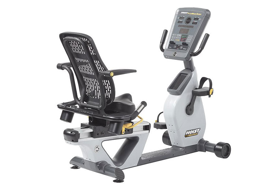 Hoist Lemond Series RC recumbent exercise bike with black mesh backrest, white and black frame, digital console, and foot ped