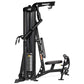 Hoist Mi1 home gym machine with black frame, overhead pull-down arm, leg press platform, and weight stack on white background