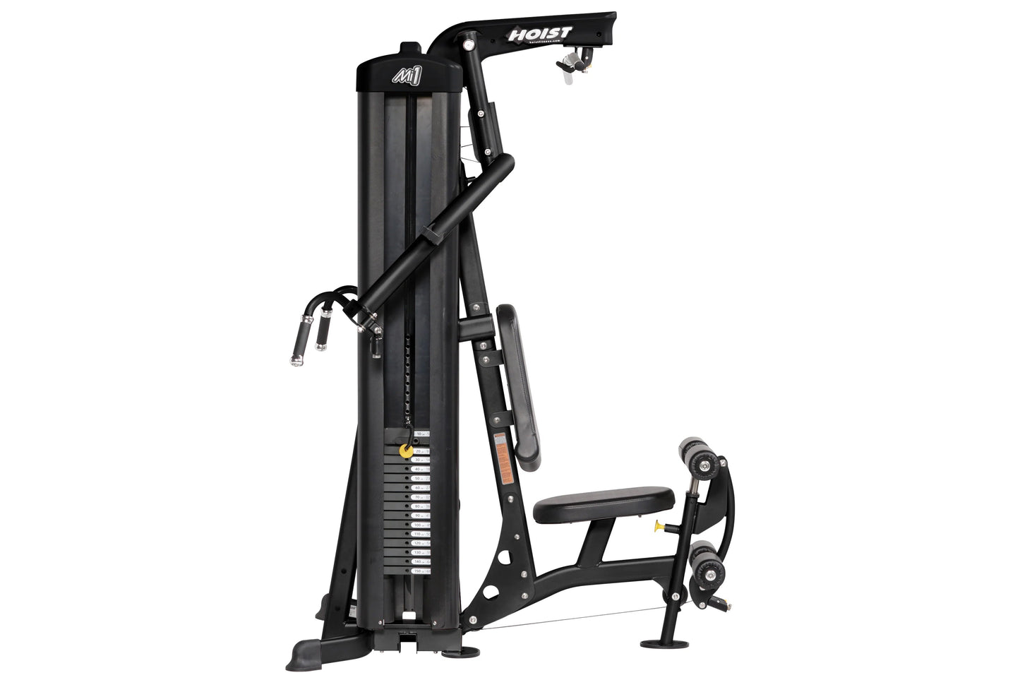 Hoist Mi1 home gym machine with black frame, overhead pull-down arm, leg press platform, and weight stack on white background