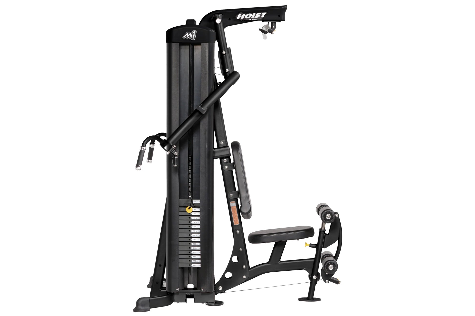 Hoist Mi1 home gym machine with black frame, overhead pull-down arm, leg press platform, and weight stack on white background