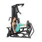 Woman using black Hoist Mi1 home gym machine with leg press, wearing gray tank top and turquoise leggings on white background