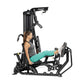Woman using black Hoist Mi1 home gym machine with leg press attachment, wearing gray tank top and teal leggings, on white bac