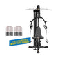 Hoist Mi1 Home Gym with black frame, weight stack, and cable handles shown from front view on white background