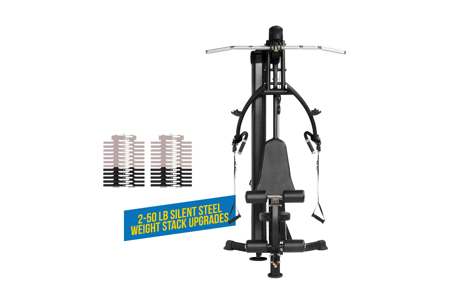 Hoist Mi1 Home Gym with black frame, weight stack, and cable handles shown from front view on white background