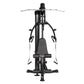Black Hoist Mi1 home gym machine with silver handlebars, padded seat, and multiple resistance cables, shown from front on whi