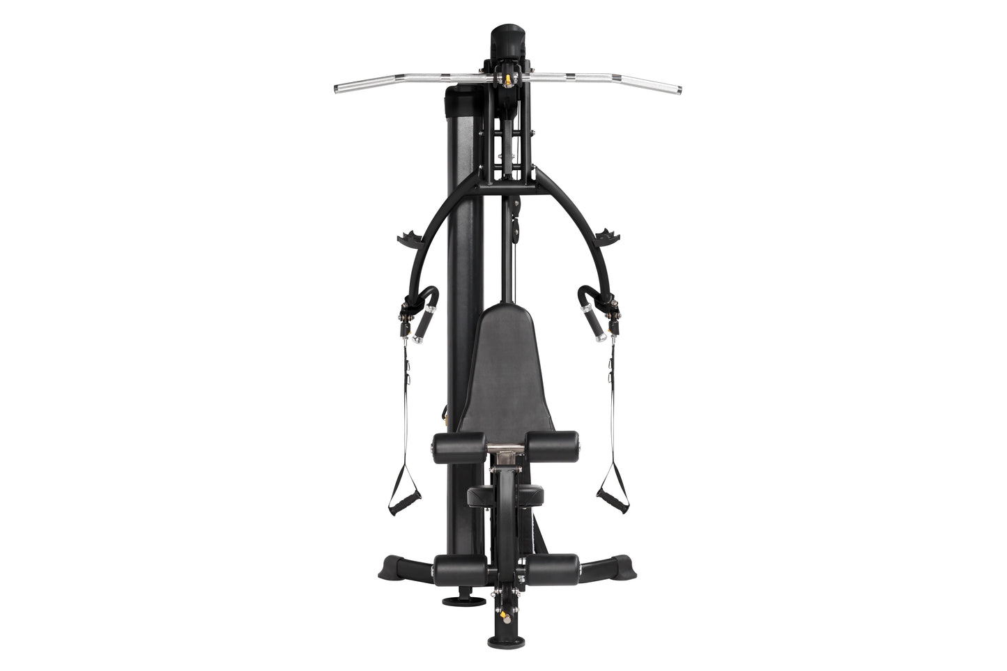 Black Hoist Mi1 home gym machine with silver handlebars, padded seat, and multiple resistance cables, shown from front on whi