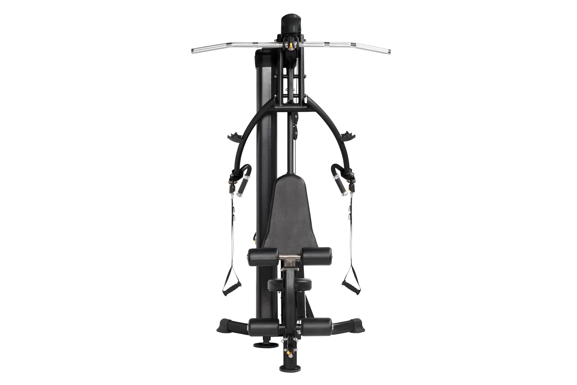 Black Hoist Mi1 home gym machine with silver handlebars, padded seat, and multiple resistance cables, shown from front on whi
