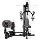 Hoist Mi1 home gym with black steel frame, gray padded seat and backrest, leg press on left, and cable machine with curved ba