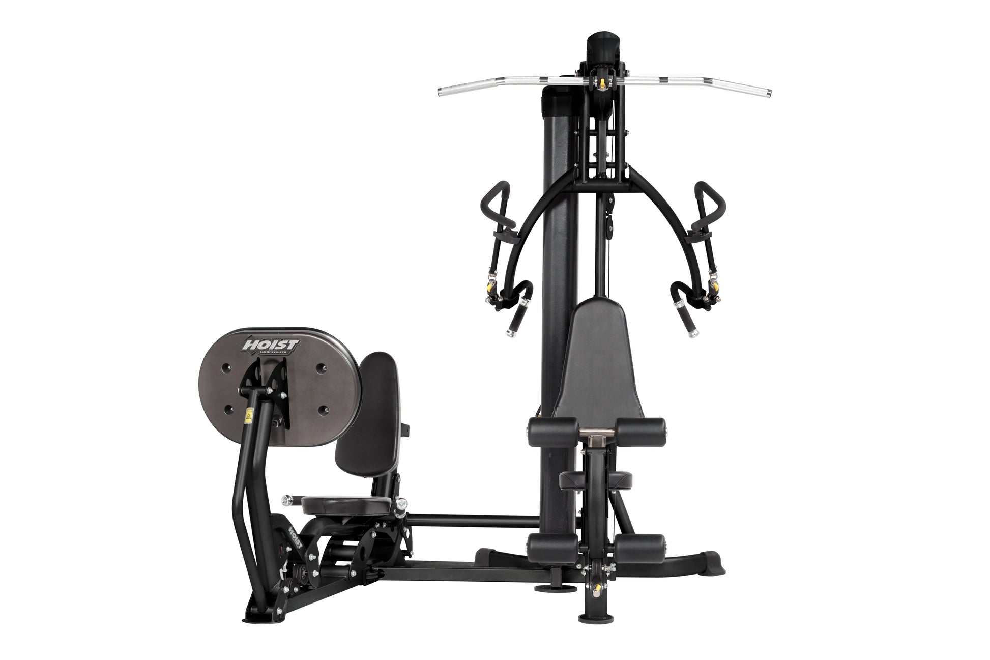 Hoist Mi1 home gym with black steel frame, gray padded seat and backrest, leg press on left, and cable machine with curved ba