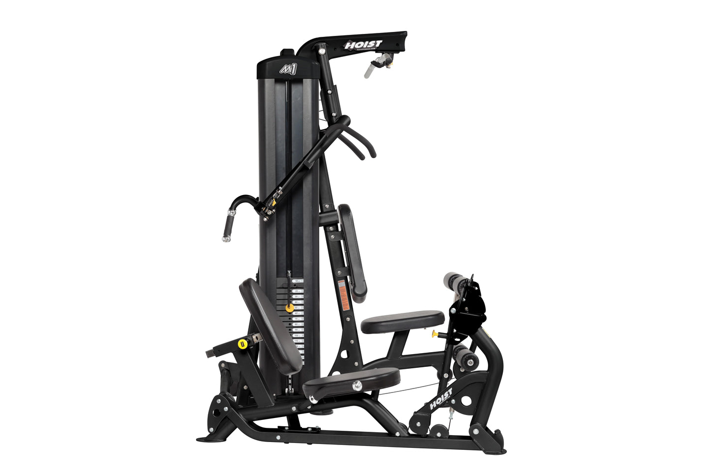 Black Hoist Mi1 multi-station home gym with cable machine, seat, and weight stack on white background