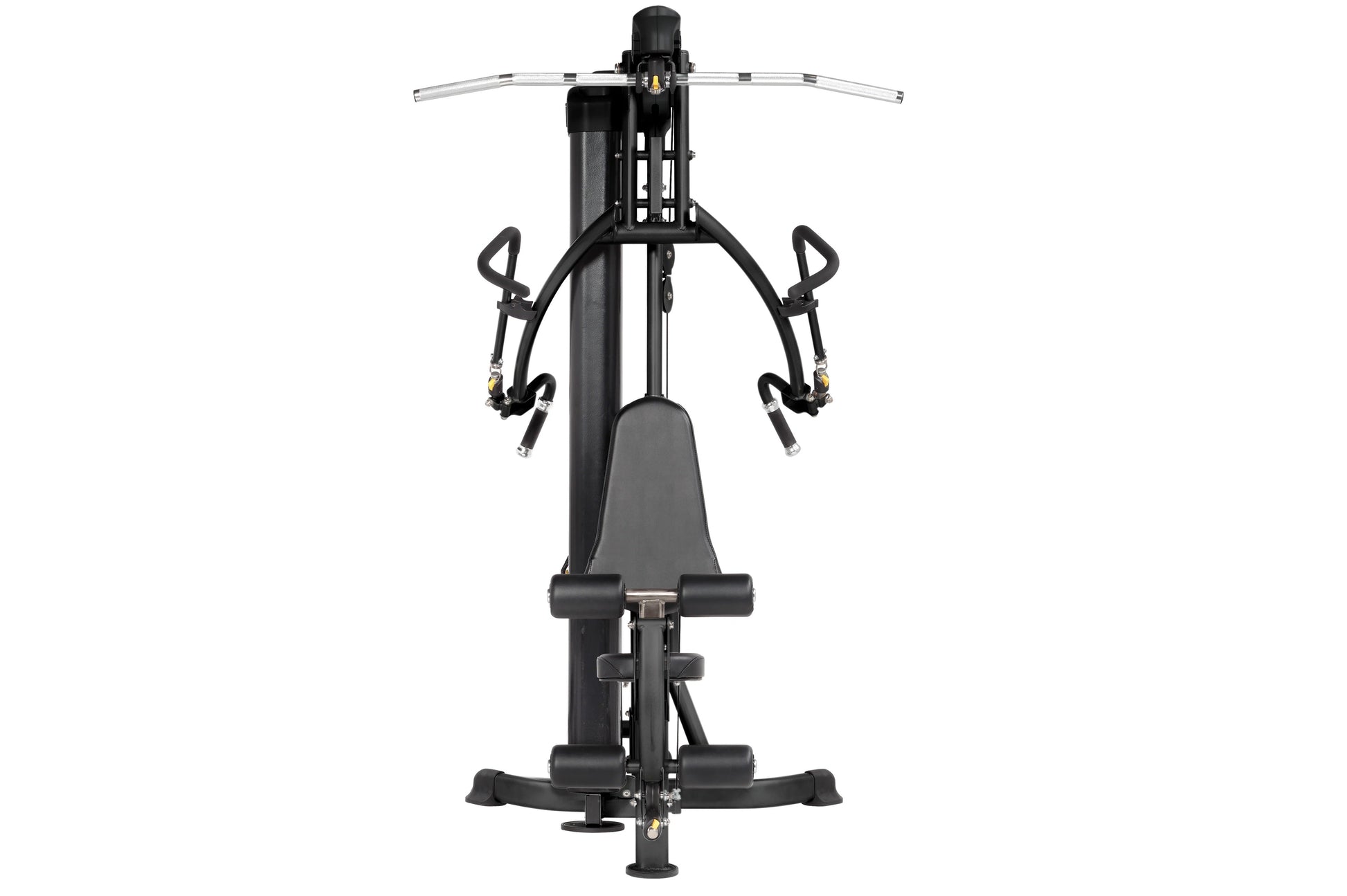Black and gray home gym machine with drop handles, silver handlebar, and footrest on white background, front view